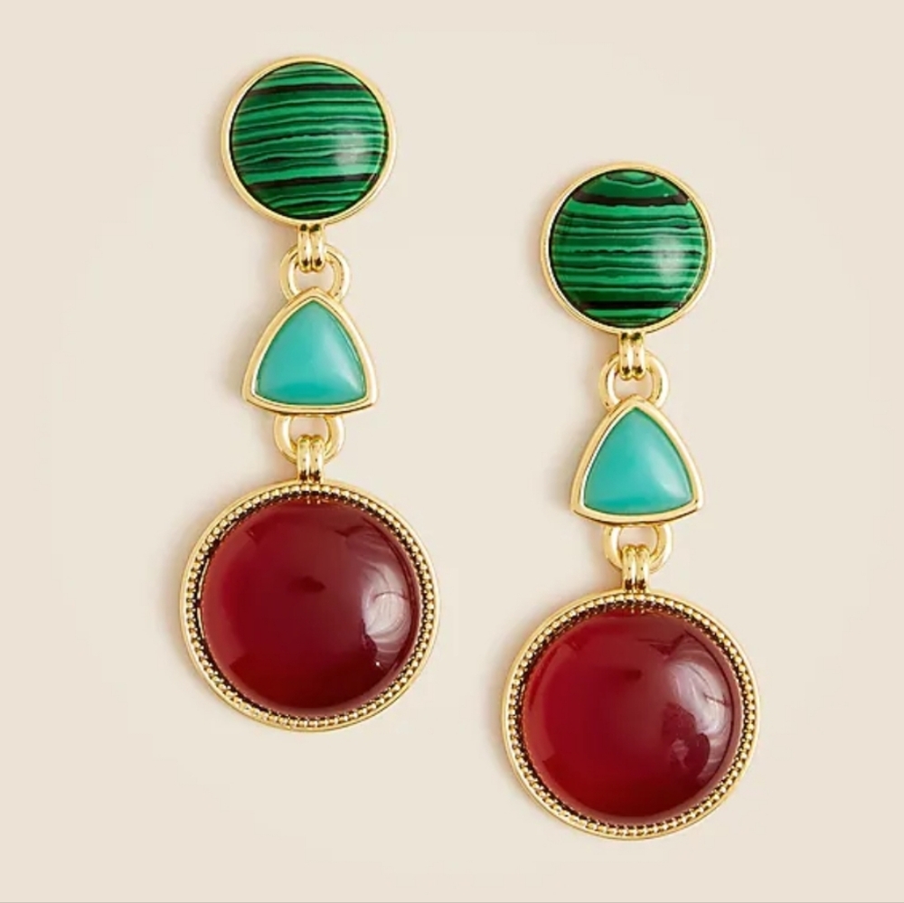 J. Crew Geometric Stone Drop Earrings - green, russet, gold